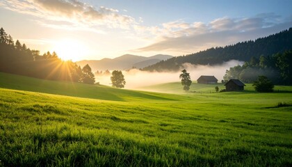 Naklejka premium Sunrise illuminates a lush green meadow with rolling hills and distant cabins.