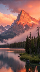 Beautiful mountain lake scenery at sunset with pine trees and colorful clouds landscape view hd wallpaper, wallpaper 4k