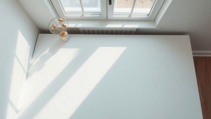 Minimalist white desk with sunlight and plant
