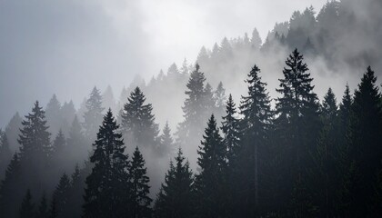 Obraz premium Misty mountain forest, dark silhouettes of trees against a hazy sky.