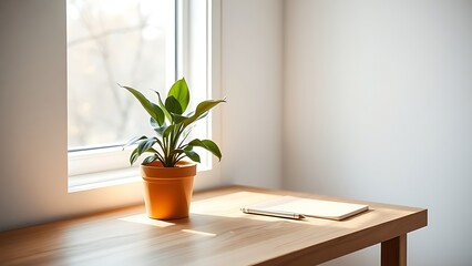 A minimalist wooden desk with a potted plant, basking in natural sunlight for a clean aesthetic.