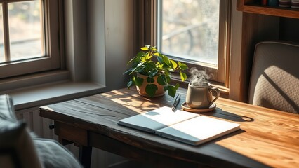 Cozy writing space with open notebook and coffee
