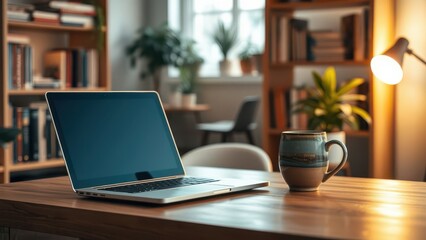 Minimalist home office setup with laptop and coffee
