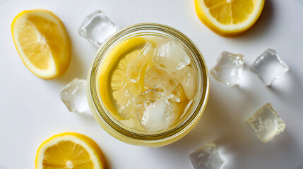Iced lemonade mocktail with lemon slices and clear ice cubes in transparent jar; lemonade sparkles in top view as lemonade framed by citrus halves and cold cubes on white background
