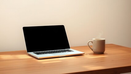 Minimalist home office setup with laptop and coffee

