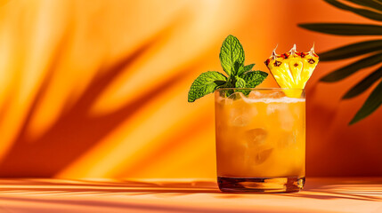 Classic mai tai cocktail with golden-orange color served in short glass, garnished with fresh mint sprig and pineapple slice, placed against vibrant orange background, tropical summer vibe