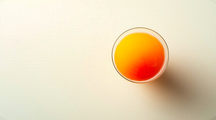 Mai tai cocktail with visible layered gradient from orange to red seen from top view, simple clear glass placed on smooth beige background with soft shadows, minimalistic tropical beverage concept