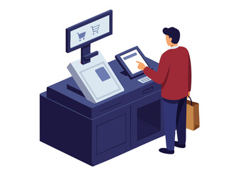 A man interacts with a digital checkout kiosk, showcasing modern retail technology. Clean, bright, and professional design. Ideal for e-commerce and digital innovation visuals.