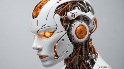 Close up of a futuristic cyborg with glowing eyes and exposed wiring