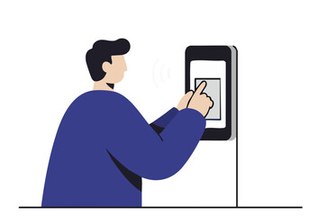 A man troubleshoots his smartphone, showcasing a modern tech support interaction. Clean lines and a minimalist style create a professional feel.