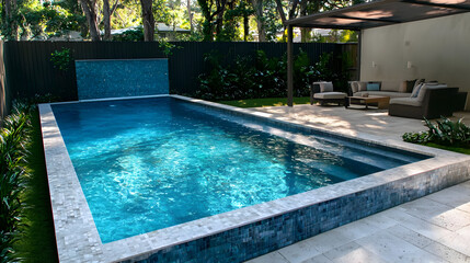 Modern Backyard Pool With Water Feature And Patio