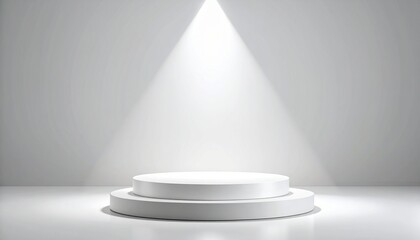 Fototapeta premium A white, two-tiered pedestal stands illuminated by a bright spotlight against a neutral backdrop.