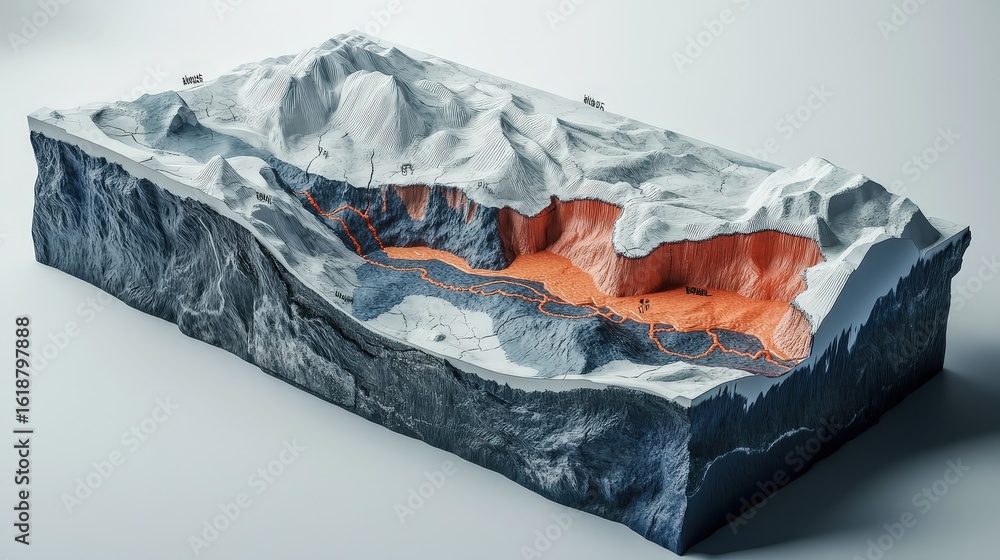 Poster detailed 3d model of subduction zone with tectonic annotations