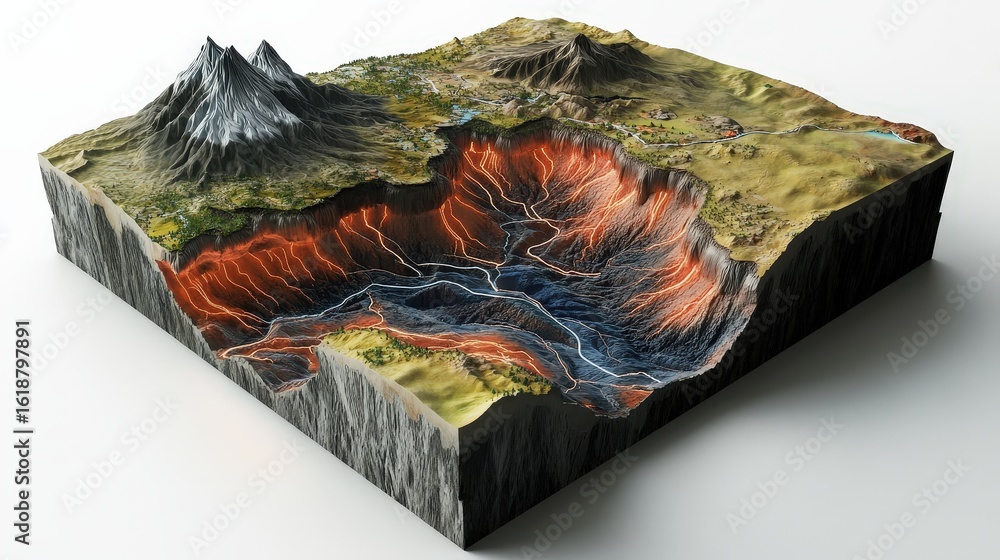 Poster detailed 3d model of subduction zone with annotated tectonic features