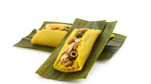 Two abiertos guarg&uuml;eros (Ecuadorian tamales) partially unwrapped from their banana leaves, revealing soft yellow corn masa with chicken, peanuts, and olives inside. Placed on a white surface.