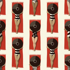 Seamless Vector Pattern Retro sunbathing woman bold black white swimsuit on red summer beach towels