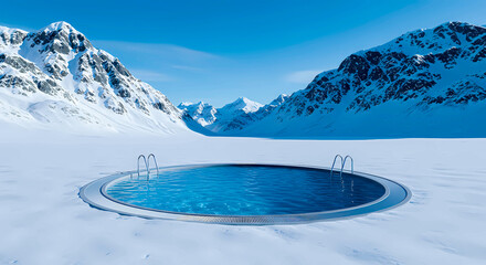 Outdoor Swimming Pool in Snowy Winter Mountains, Surreal Landscape with Blue Water, Unique Winter Resort, Cold Weather Relaxation, Scenic Nature, Background Wallpaper