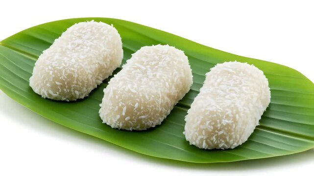 Three soft, white coconut candies (cocadas) placed on a clean white banana leaf over a white background. The candies are slightly glossy, showing their handmade texture.