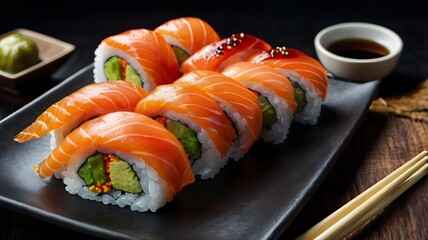 Delicious Salmon Avocado Sushi Rolls; Gourmet Japanese Cuisine; Elegant Food Presentation.