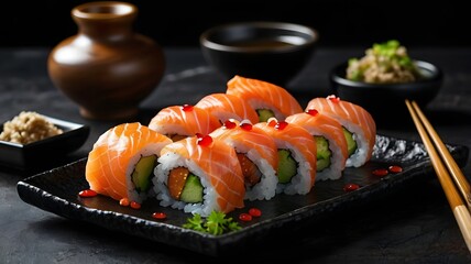 Delicious salmon avocado sushi rolls, gourmet Japanese cuisine, elegant dark setting, vibrant colors.