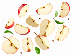 Slices of fresh juicy apples falling on a isolated background