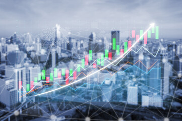 A vibrant finance concept showcasing an upward growth graph over a blurred city skyline,...