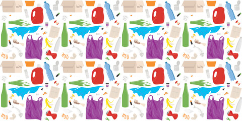 Colorful, seamless pattern of various trash items: bottles, paper, plastic, food waste, and containers. Perfect for recycling, sustainability, zero waste, education, and eco awareness designs.