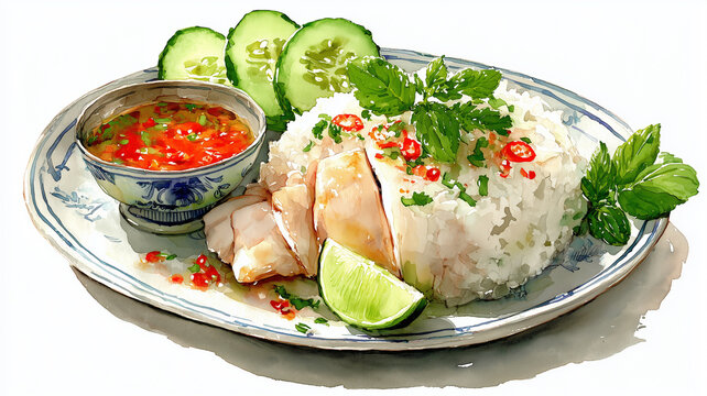 Hainanese chicken rice watercolor clipart, poached chicken with rice and chili sauce, cucumber garnish, traditional Southeast Asian food, white background