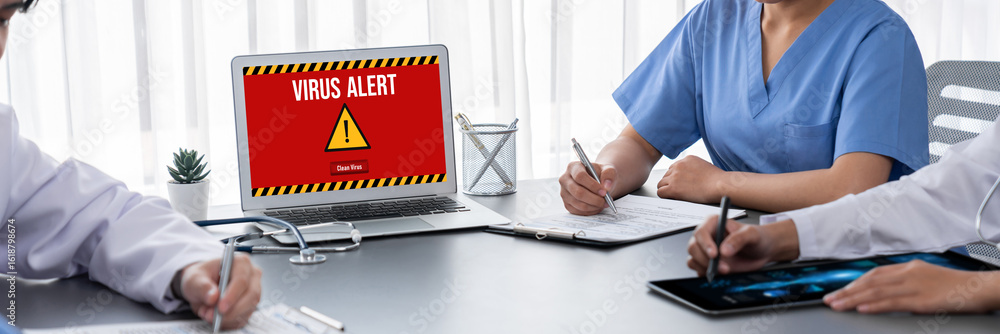 Aufkleber virus warning alert on computer screen detected brisk cyber threat , hacker, computer virus and malw