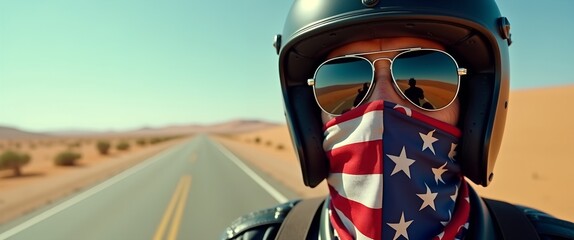 A close up motorcycle rider with an American flag bandana.