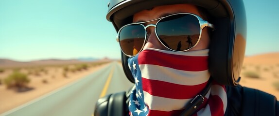 A close up motorcycle rider with an American flag bandana.
