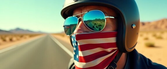 A close up motorcycle rider with an American flag bandana.
