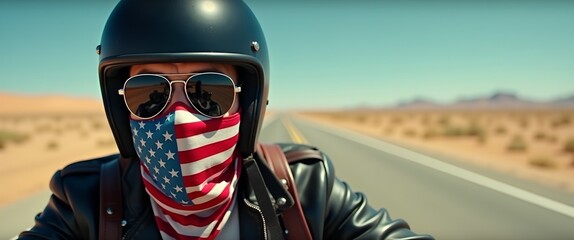 A close up motorcycle rider with an American flag bandana.