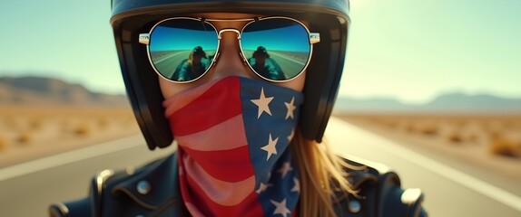 A close up motorcycle rider with an American flag bandana.