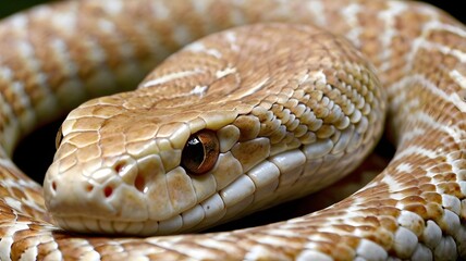 Close-up of a tan and cream snake, detailed scales, intense gaze, reptile texture, wildlife.