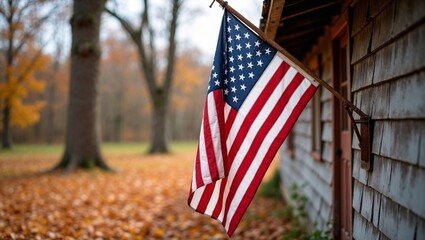 Traditional Wooden House with Hanging American Flag