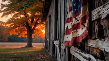 Old wooden barn with waving American flag