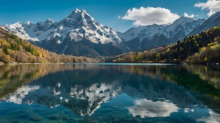 Serene alpine lake reflecting snow-capped mountains; autumnal foliage, tranquil mood.