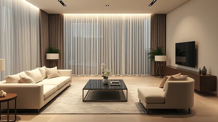 Contemporary living space with streamlined furniture and a neutral color palette under soft lighting.