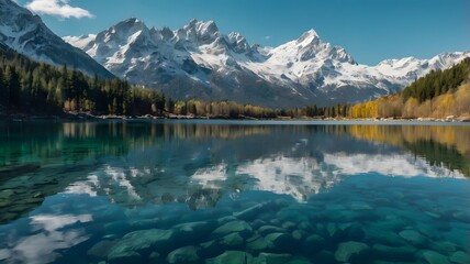 Serene alpine lake reflecting snow-capped mountains; autumnal forest shoreline; tranquil, pristine nature scene.