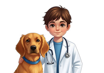 Friendly young veterinarian confidently poses with a happy golden retriever, embodying compassionate animal care and veterinary expertise.