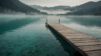 Serene mountain lake vista; wooden dock extending over tranquil teal water, misty morning ambiance.