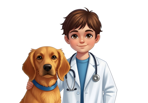 Friendly young veterinarian confidently poses with a happy golden retriever, embodying compassionate animal care and veterinary expertise.