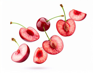 Slices of fresh juicy cherry falling on a isolated background