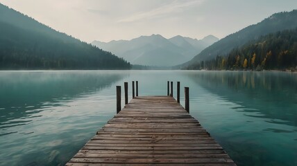 Serene mountain lake pier; tranquil dawn mist, wooden dock extending to teal water, majestic alpine scenery.
