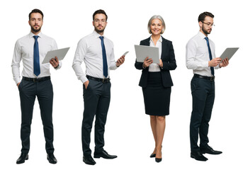 1. Full-body PNGs of professional businesspeople on white backgrounds, ideal for office and corporate presentations.
