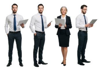 1. Full-body PNGs of professional businesspeople on white backgrounds, ideal for office and corporate presentations.
