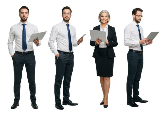 1. Full-body PNGs of professional businesspeople on white backgrounds, ideal for office and corporate presentations.
