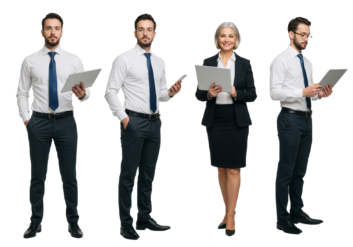 1. Full-body PNGs of professional businesspeople on white backgrounds, ideal for office and corporate presentations.
