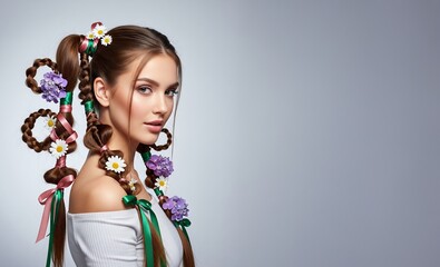 Photoshoot in a fashion studio, portrait of a beautiful girl with long hair, evening hairstyle with braids, hair styling, beautiful healthy shiny thick hair, beauty salon, hairdresser
